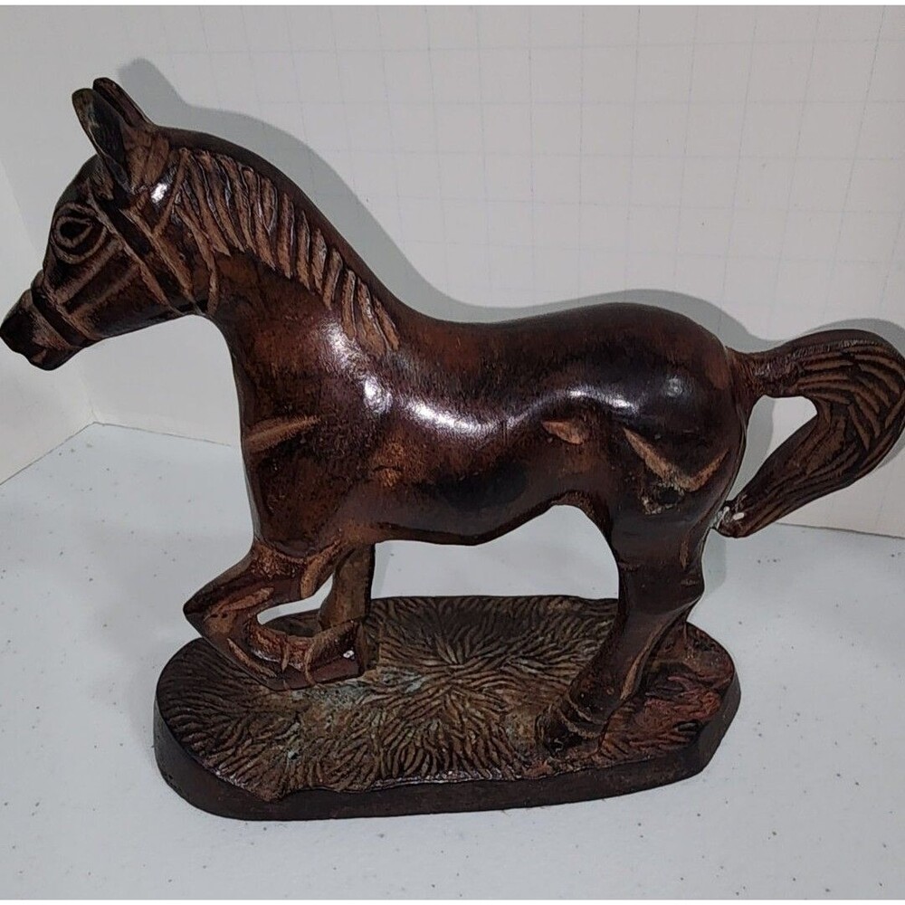 Vintage Galloping Horse Carved Heavy Cast Aluminum Figurine Statue Door Stop